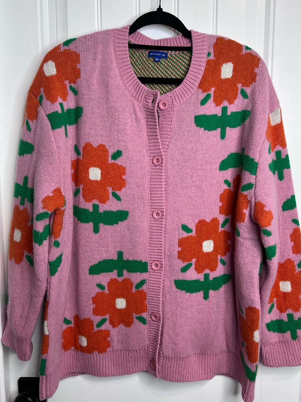 Maison Me Ladies Ashley Pink Floral Wool Blend Knit Cardigan Jacket. Size Large. - Picture 2 of 12